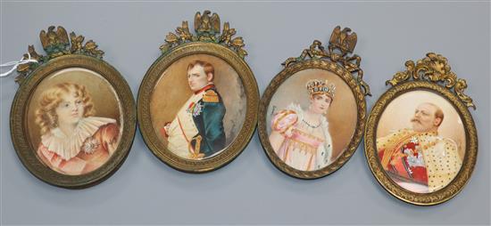 Four early 20th century French oil on ivory miniatures; Napoleon and Josephine, Edward VII and The King of Rome, 9 x 7cm approx.